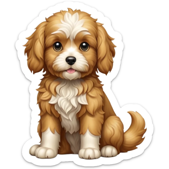 cinematic-[cavoodle dog]-realistic-full-body-sitting-emoji,-tail-resting-loosely-beside-its-paws,-head-tilted-dramatically,-wavy-[solid golden]-fur,-simplified-yet-realistic-focused-features,-highly-detailed,-glowing-with-an-almost-sarcastic-glow sticker