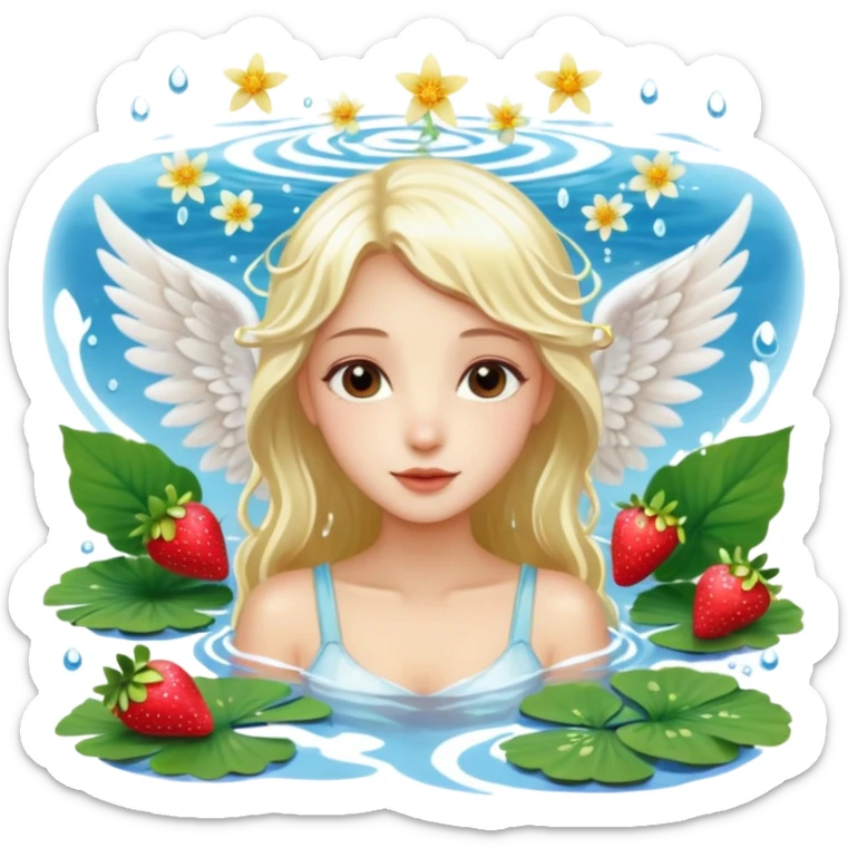 a beautiful angel like girl mix with  watel lili and  Strawberries  being born with an nenuphar on her light hair on stars  sticker
