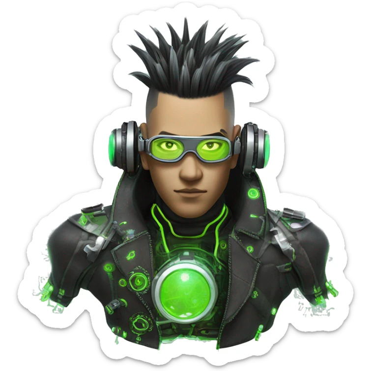 Mohawk hair with neon green highlights Asian male cyborg head with neon silver steampunk goggles and circuits sticker