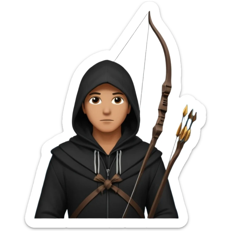hooded man in a tall buliding a silloute shot, bow and arrows in hand. in the sky a big eagle is flying in modern time sticker