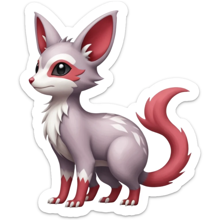 Minccino-Lykoi-Emolga-Pachirisu-Zangoose-fusion-hybrid-animal-Fakémon-creature, full body, thin long sleek scaly tail, intricate markings sticker