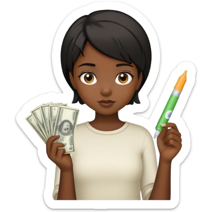 a young girl with dark skin and short black hair holding money and a glue stick in her hands sticker