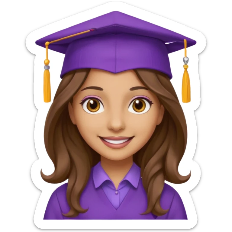 beautiful  woman light olive skin with wavy long long brown hair and hazel eyes with purple school hat sticker