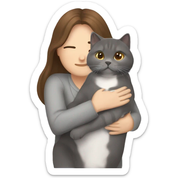small British shorthair grey cat hugging long brown hair white woman sticker