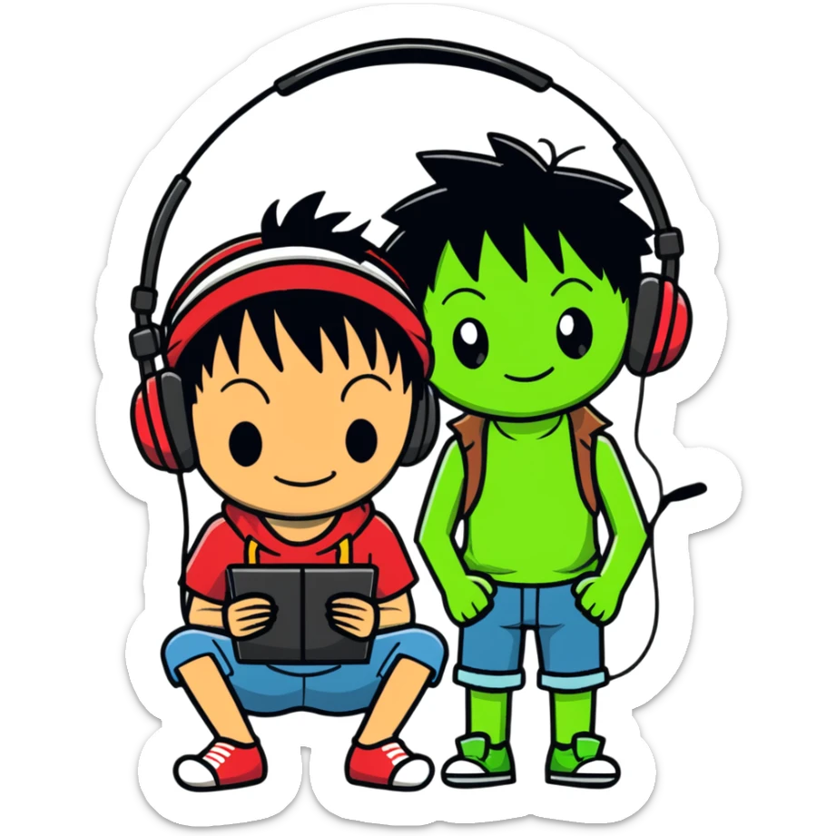 Green Luffy and green Alastor wearing headphones listening to music together sticker