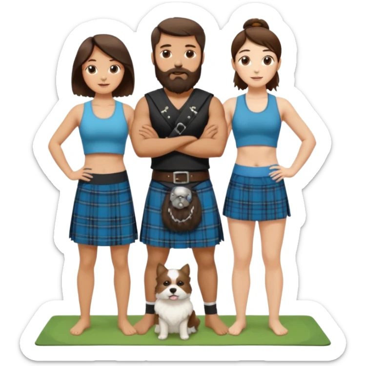 emoji of brunette man with beard wearing kilt, brunette woman in yoga outfit and one white fluffy dog sticker