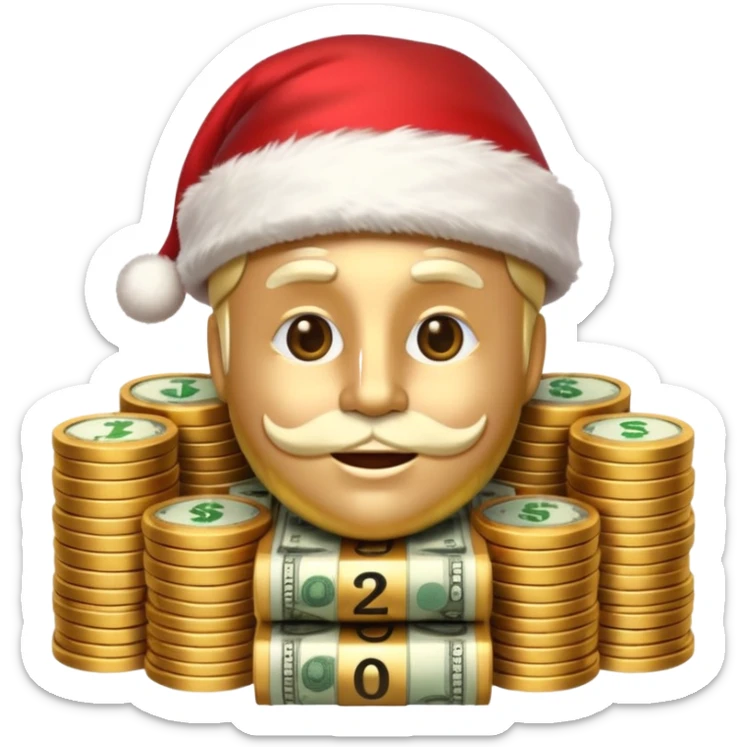 A confident rich emoji face wearing a Santa hat, money stacks, casino vibe, New Year theme, premium 3D emoji style, sharp details, no text, isolated on transparent background sticker