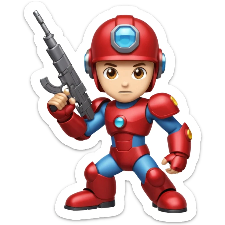 mega man but with the color rootbeer brown shiny like metal with arms for guns and a dark shiney red healmet sticker