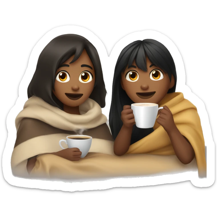 TAN SKIN GIRL WITH BLACK HAIR AND BANGS AND BROWN SKIN BOY WITH BLACK HAIR inside a blanket sipping coffee sticker