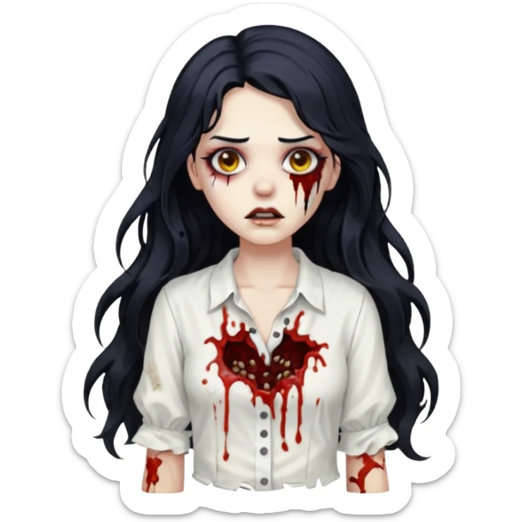 garota zumbi com cabelo preto ondulado longo blusa branca sticker