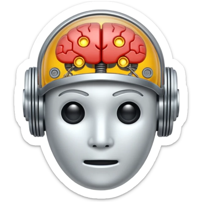 Emoji stylisé d'un cerveau robotique avec un circuit imprimé visible et un petit halo lumineux au-dessus, fond blanc sticker