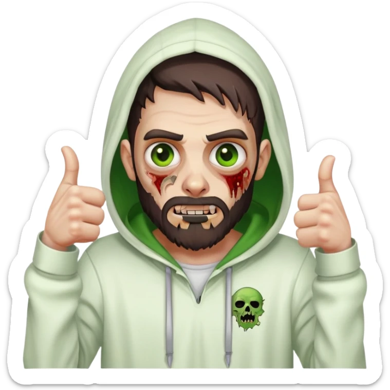 zombie with thumbs up gesture, undercut hairstyle with dark brown hair, short full beard, heterochromia with one green eye and one brown eye, wearing plain white hoodie with hood up sticker