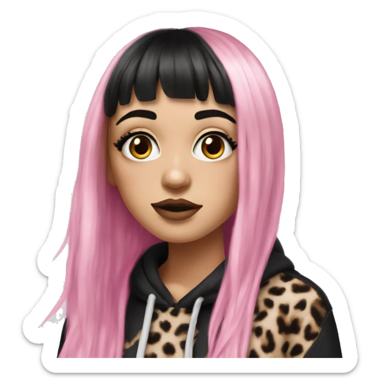 Hyperrealistic white girl with long black hair with a pink fringe and has eye makeup on, she is wearing a black and leopard print hoodie  sticker