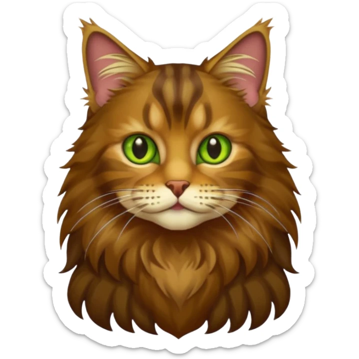je veux un emoji chat main coon marron foncé  à poil long avec les yeux vert jaunes, je veux qu’il soit en entier assis stp  sticker