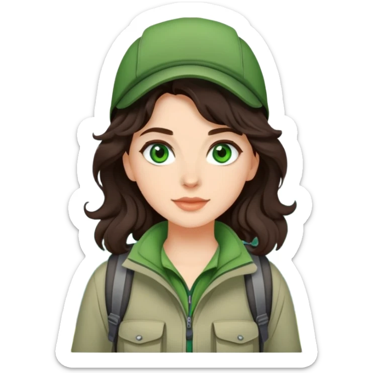 Beautiful girl with dark brown wavy hair and green eyes going on a hike sticker