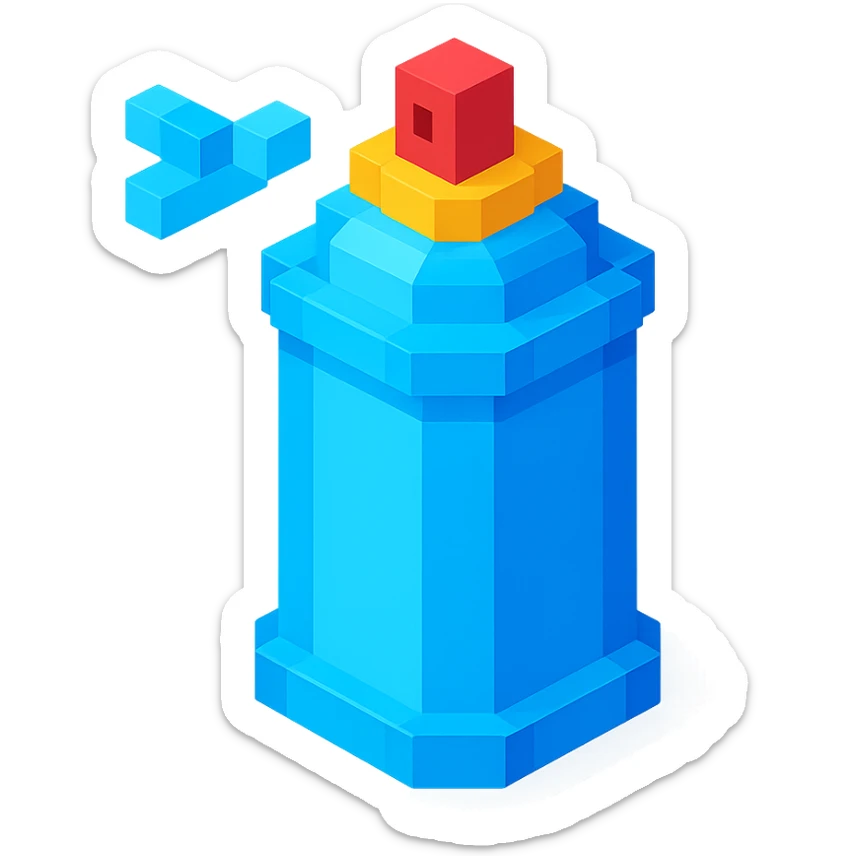 voxel style isometric spray paint can, blue color sticker