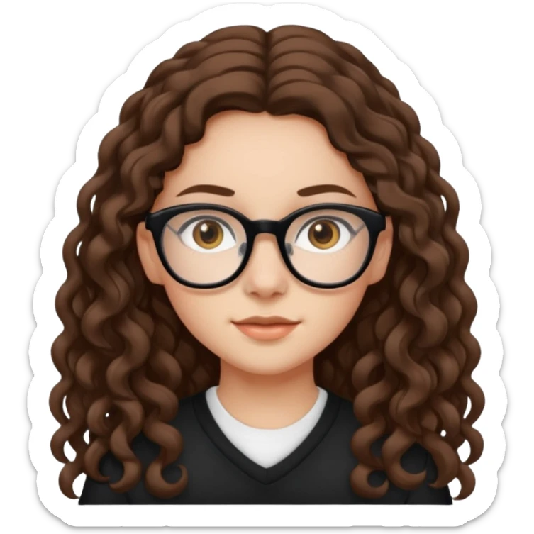 white teen girl with long brown curls, hazel eyes, and black frame glasses sticker