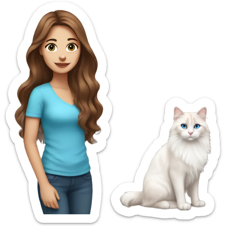 woman with long brown hair and pink shirt and holding a all white Siberian cat with blue eyes sticker
