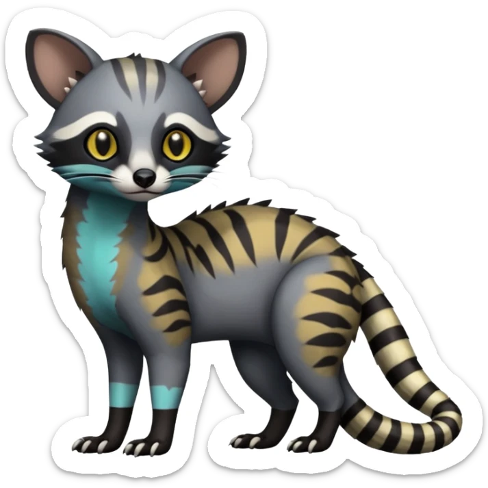 Rare warm-colored exotic edgy epic aesthetic gloomy spooky dark modern colorful cyber-Genet-Trico-Civet-species-Fakemon-hybrid-creature, with beautiful intricate markings, full body sticker