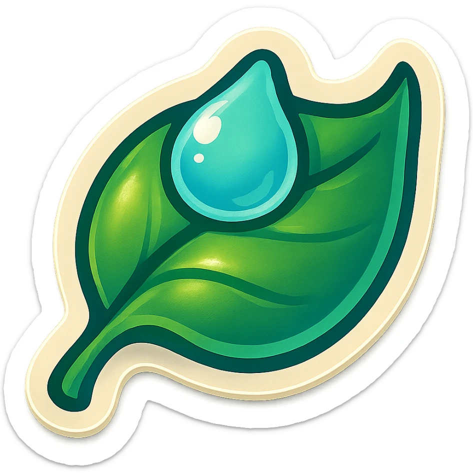leaf with a drop of water, symbol of harmony and restoration, retro sticker style, clear contours, shadows and highlights, psychosomatic theme sticker
