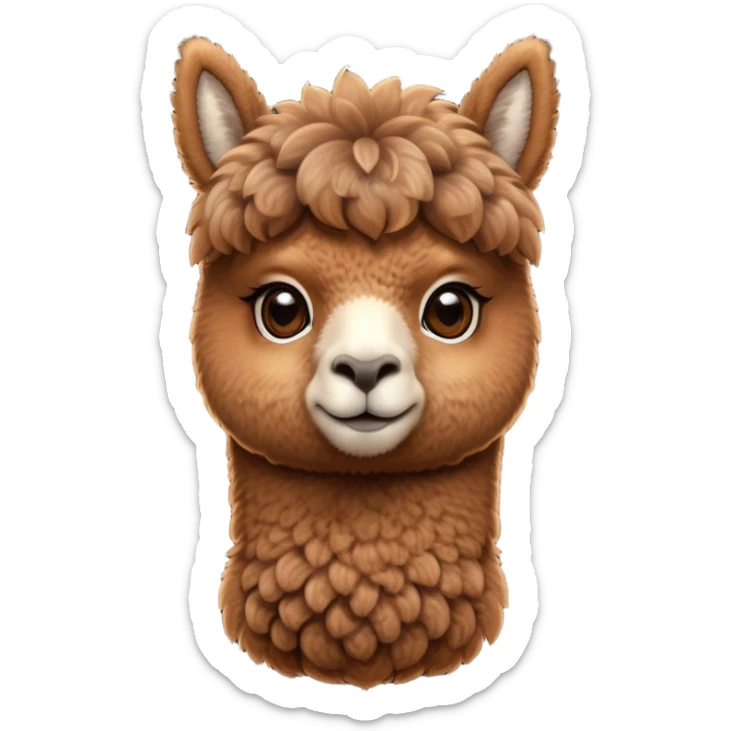 Cinematic Cute Brown Alpaca Portrait Emoji, Head tilted playfully and inquisitively, featuring a plush, rich brown fleece with a natural sheen, round, sparkling warm eyes filled with curiosity, Simplified yet irresistibly adorable features, highly detailed, glowing with a warm, friendly glow, high shine, affectionate and gentle, stylized with a touch of whimsy, bright and endearing, soft glowing outline, capturing the essence of a mischievous yet loving alpaca, so playful it feels like it could prance out of the screen and into your arms! sticker