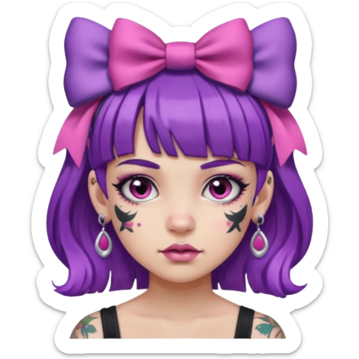 girl with bangs and purple hair and pink hairbow on the side of head and earrings and heavy face tattoos sticker