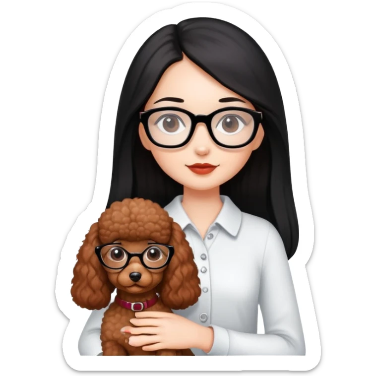 A beautiful girl with fair skin has long straight black hair with glasses and a miniature reddish-brown Poodle. sticker