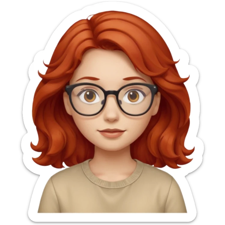 girl wear glasses, wavy red hair, beige shirt sticker