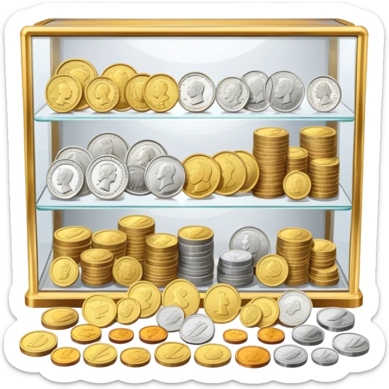 Icon for Coin Collecting: a collection of various vintage and modern coins, neatly arranged in a display case or on a table. The icon should highlight the diversity and historical value of coin collecting. Transparent background. sticker