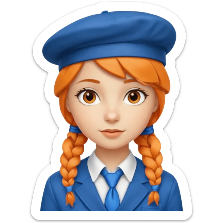 orange braided hair girl, wearing Blue Necktie and a berret Hat sticker