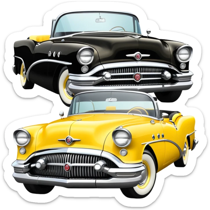 vintage hot rod, based on 1956 Buick Century, yellow and black color scheme, shiny details sticker