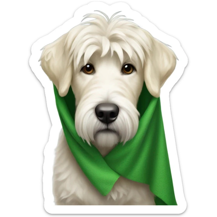 White Wheaten dog wrapped in a green blanket with its tongue sticking out sticker