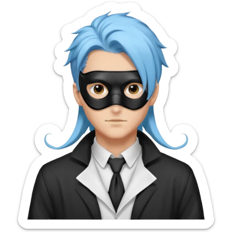 Handsome sexy adult anime man with light-blue hair and a black bird beak mask that covers whole face, wearing a white lab coat, long thin hair tendrils on the sides sticker