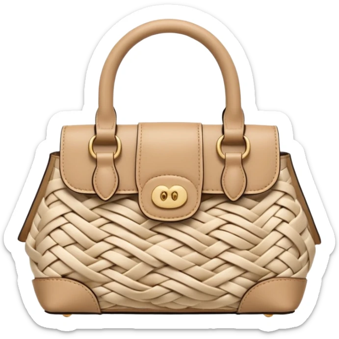 A 3D cartoon woven handbag with interlaced fiber details, neutral tones, Memoji-style realism. sticker