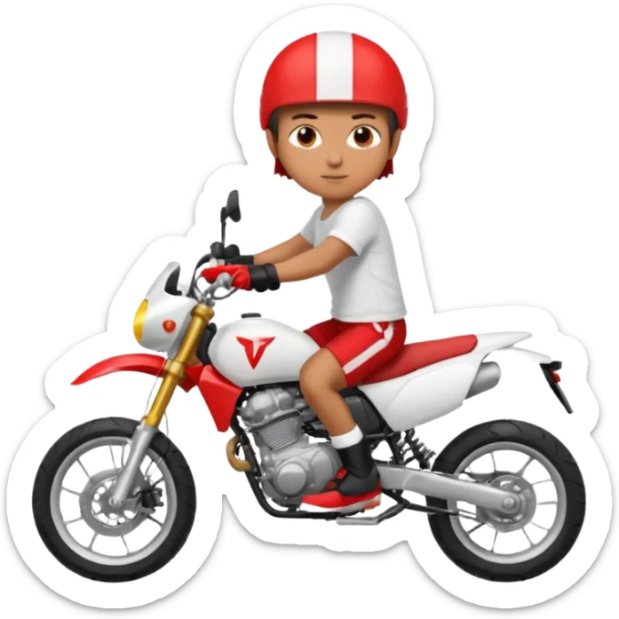 Moto de supermotard con un chico encima que va con pantalones rojos cortos y camiseta blanca sticker