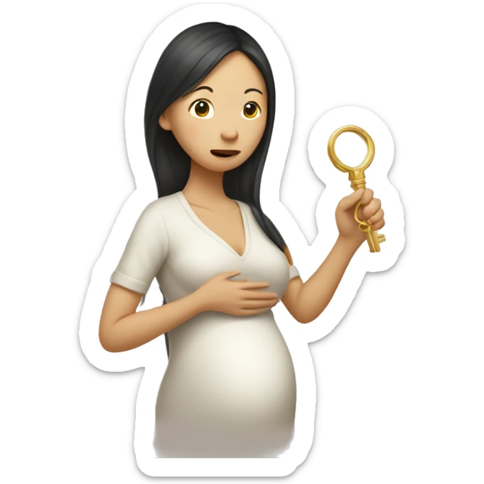 A pregnant Asian woman holds a golden key in her hands, the other hand closes her own mouth sticker