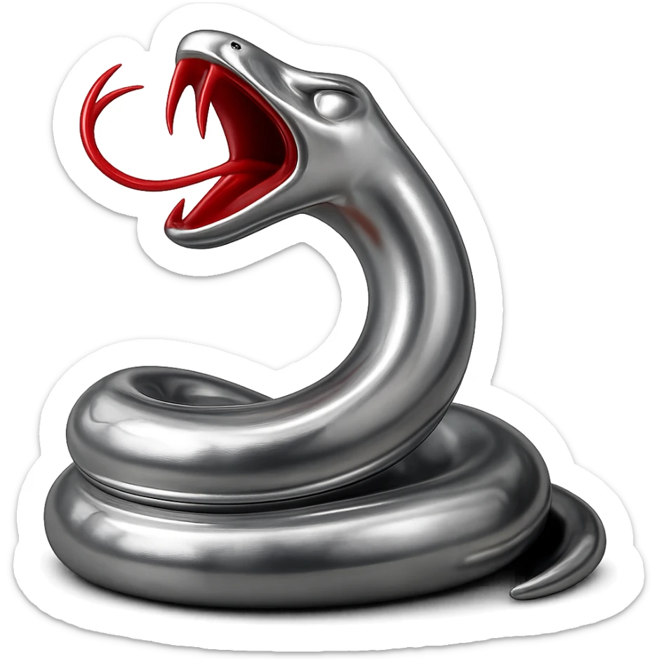 Update the chrome snake so the tongue is light red, the inside of the mouth is a darker red, and the teeth are red, matching the color scheme in the provided reference images. Keep the glowing white eyes and shiny metallic look. sticker