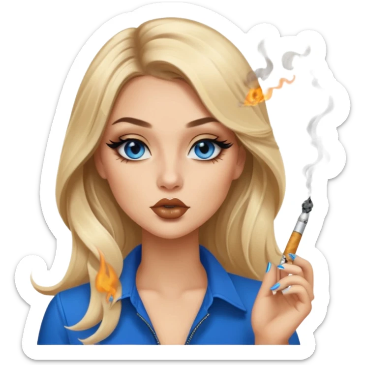 blonde balayage gorgeous girl blue eyes long hair with latina makeup smoking a cigarette and blowing smoke baddie winged eyeliner  sticker