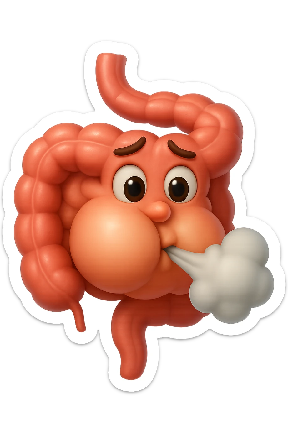 emoji stile iphone di un intestino che ingoia una nuvoletta di aria ben visibile e gli si gonfia la pancia, non fargli il naso, iperrealistico 4k sticker