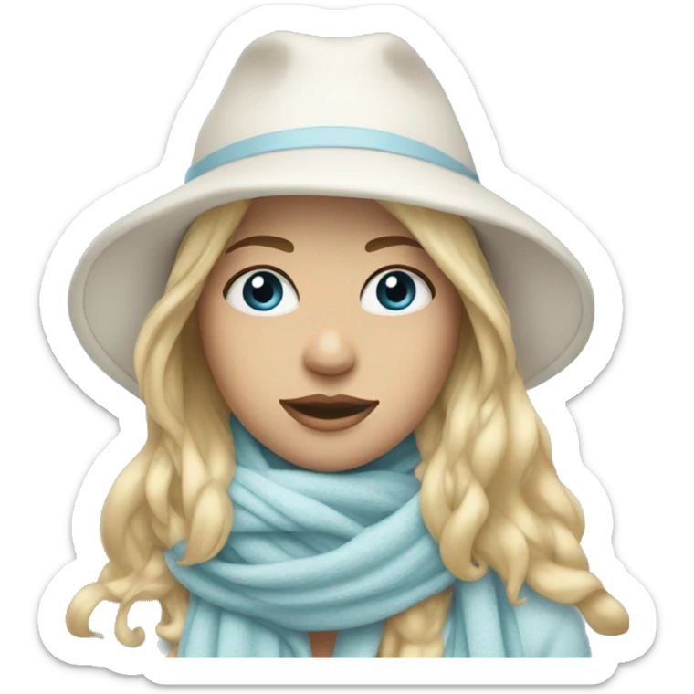 blonde girl in a white hat and pastel blue scarf covering half of her face sticker