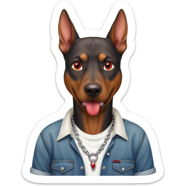 Generate a emoji of a big evil doberman dog with red eyes and a tongue sticking out, give the doberman a human body with a white shirt and baggy jeans, make the doberman have ear piercings and a septum ring sticker