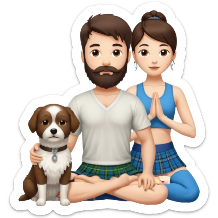 emoji of brunette man with beard wearing kilt, brunette woman in yoga outfit and white fluffy dog sticker