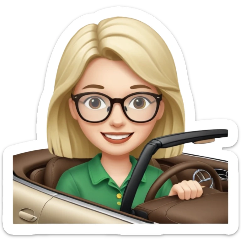 Irish girl smile with glasses driving fast in a Mercedes convertible sticker