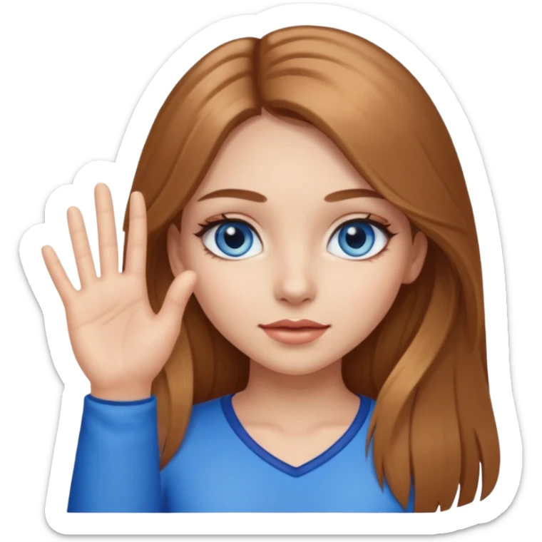 A girl with makeup, long light brown hair, blue eyes, with her palm up. with black outlook   sticker