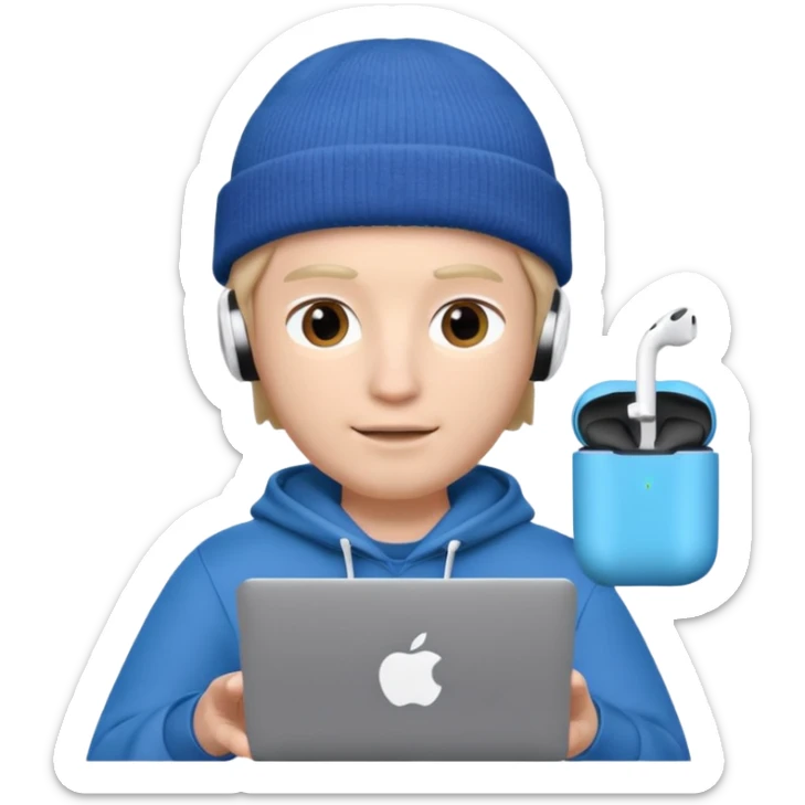 Apple Memoji–style 3D avatar of a young male with a beanie and AirPods, using a laptop, soft lighting, white background. sticker
