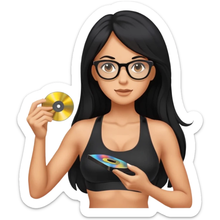 wearing glasses, long black hair tanned woman, black sports bra, sexy, hot, data analysis, holding a cd   sticker