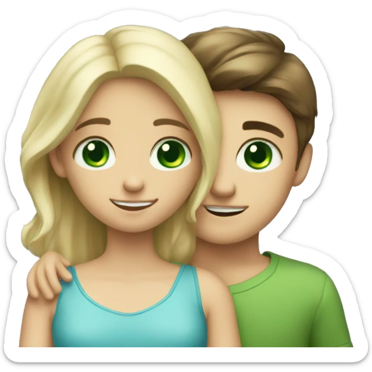blonde boy with blue eyes and brunette girl with green eyes hugging sticker