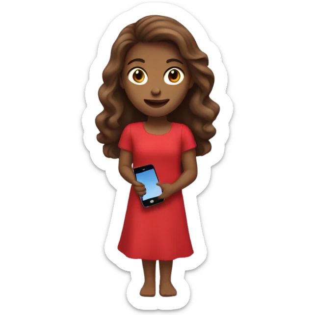 a white girl with log brown hair in a red dress holding a cell phone showing it sticker