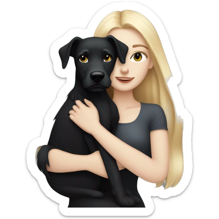 pretty woman with pale skin, very long blonde hair hugging a black dog sticker