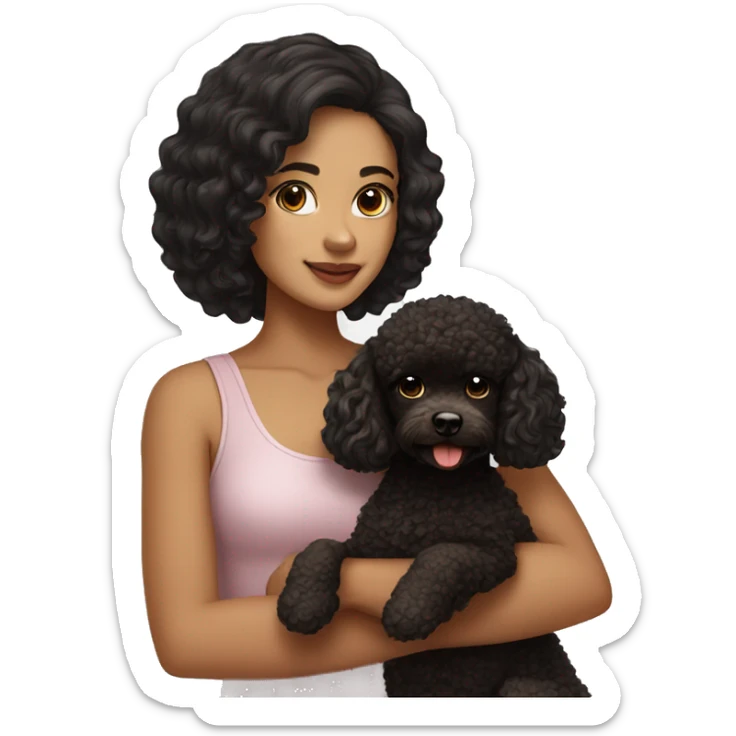 Pretty girl with black hair holding a brown toy poodle  sticker